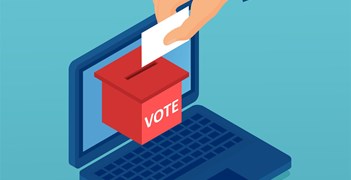 Vector of a hand putting paper with vote in the ballot box in a laptop computer